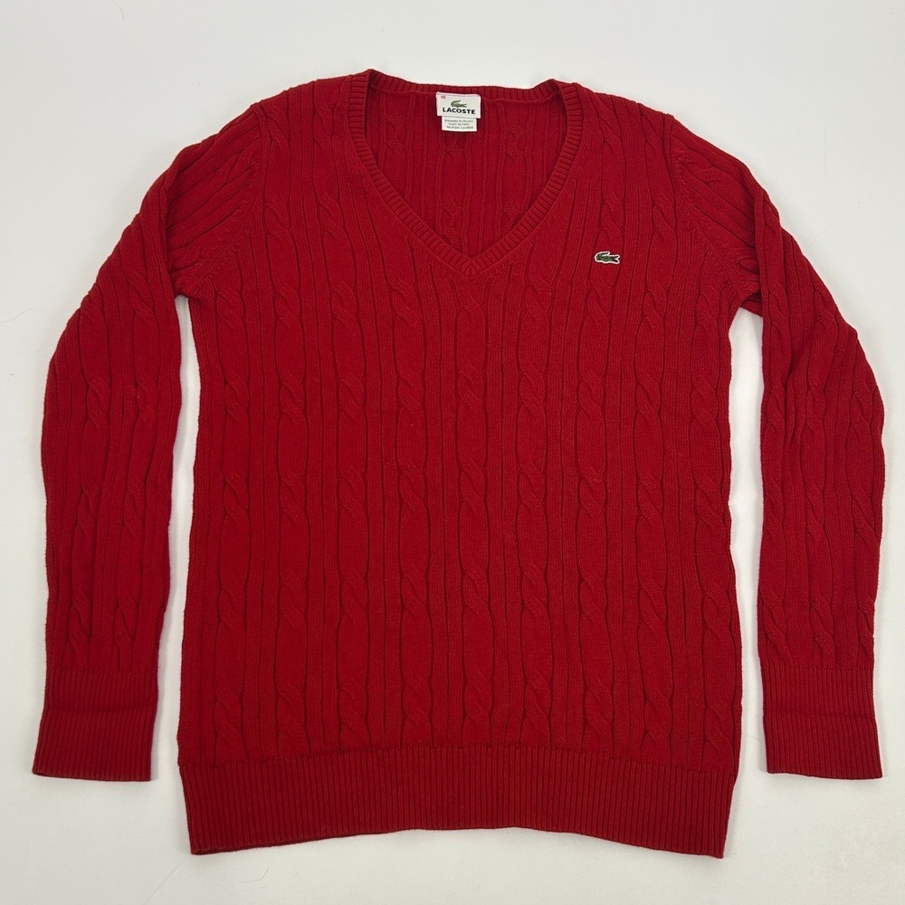 Lacoste Cable Knit V-Neck Sweater‎ Women's 40 (US M) Red Long Sleeve Preppy